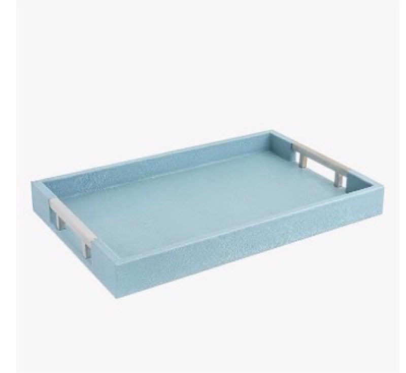 Modern Elegant 18"x12" Rectangle Baby Light Blue Glossy Shagreen Faux Leather Decorative Tray Ottoma
