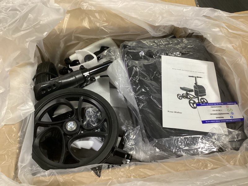 Condition photo showing New/Like New for blessreach steerable knee walker deluxe medical scooter for foot injuries compact crutches, with dual rear on-wheel brake and shock absorption under the knee pad