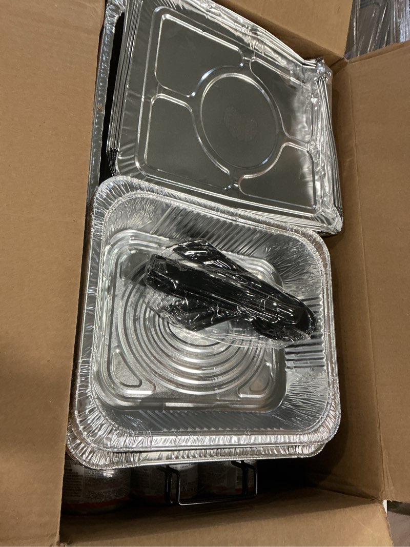 Condition photo showing Good Condition for Large Full Size 33-Pcs Disposable Chaffing Buffet with-Covers, Utensils, Fuel Cans – Premium Chafing Dish Set for Events, Parties, Catering Complete Kit (with Racks)