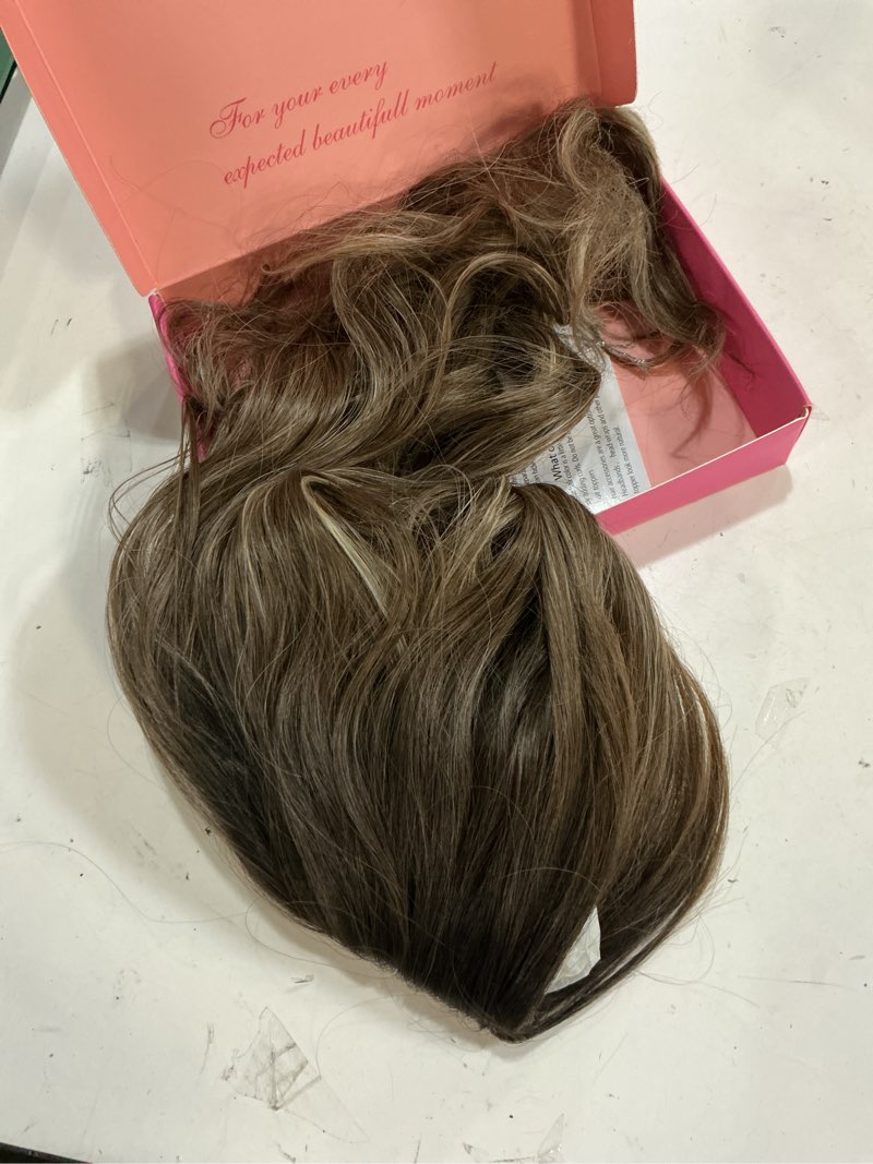 Condition photo showing As Is for morichy hair toppers for women with thinning hair 20inch long wavy hair toppers hair pieces for women synthetic hair topper with bangs clip in hair topper wiglets mocha brown with blonde highlights