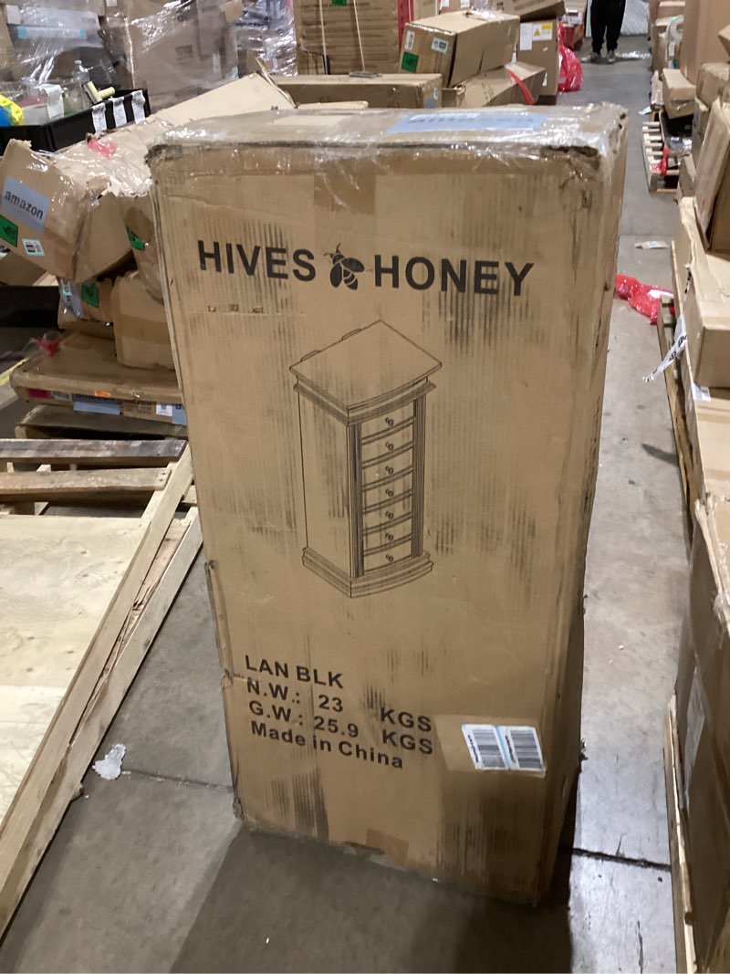 Condition photo showing New/Like New for Hives and Honey Landry Standing Jewelry Armoire Cabinet – Jewelry Storage Organizer with Flip-Top Mirror, Side Doors, 7 Drawers, Necklace, Earring, and Bracelet Storage, Black Antique Black