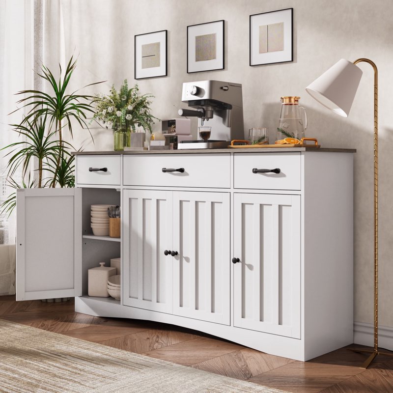 (INCOMPLETE)Aiho Sideboard Buffet Cabinet with Storage - Modern Kitchen Coffee Bar & Dining Room Organizer - 55.1”W, White/Gray
