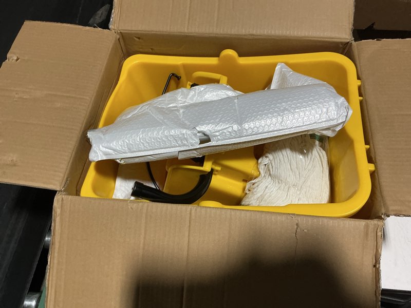 Condition photo showing New/Like New for commercial mop bucket with side press wringer on wheels, including one commercial mop, 35 quart, yellow
