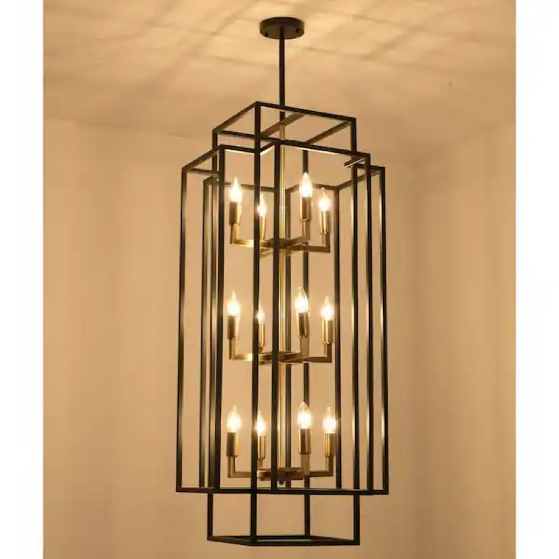 Farmhouse Entryway High Ceiling Light Fixture, 12-Light Pendant Light Fixtures, Large Long Hanging Light Fixtures for High Ceilings, for Foyer, Staircase, Dining Room, Kitchen Island (Black and