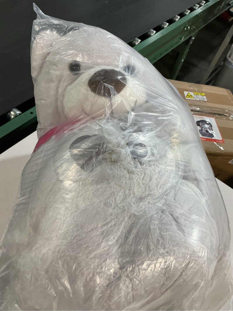 Condition photo showing As Is for Giant Valentines Teddy Bear Stuffed Aniaml, 52" Large Soft Teddy Bear Plush with Red Heart, 4.3 Feet Love Bear Plushie as for Girlfriend Wife Kids, Baby Shower Decor, Gray 52 Inch Gray