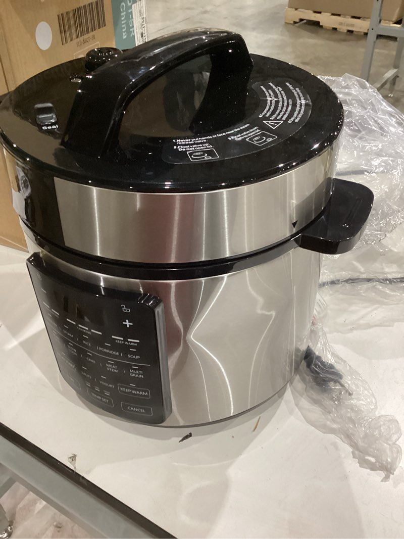 Condition photo showing As Is for simple deluxe electric pressure cooker, non-stick 12-in-1 & 6qt stainless steel multi cooker for slow cook, meat stew, cake, porridge, multigrain, dishwasher safe, silver silver 6 quarts
