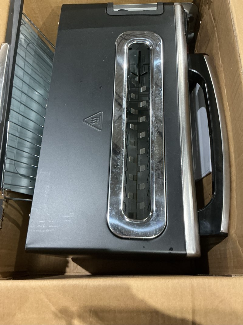 Condition photo showing As Is for hamilton beach 2-in-1 countertop toaster oven and long slot 2 slice toaster, 60 minute timer and automatic shut off, shade selector, stainless steel (31156)
