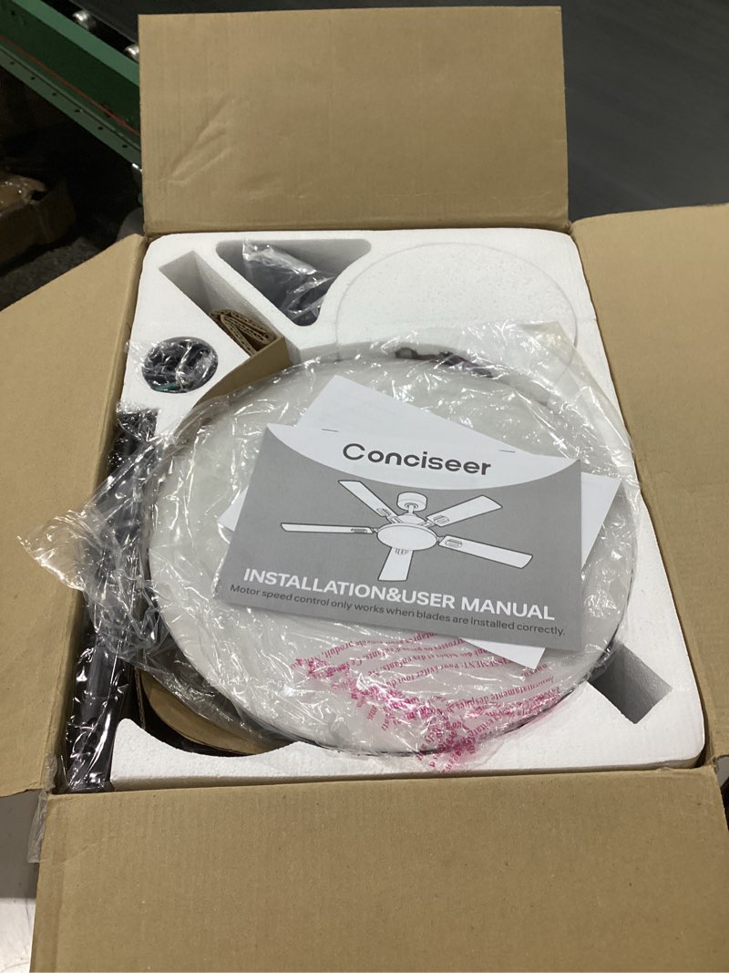 Condition photo showing New/Like New for conciseer 52 inch ceiling fans with lights and remote for bedroom living room kitchen office, indoor/outdoor use, 6cct dimmable, 5 blades, 6 speed reversible quiet dc motor, black/wood grain