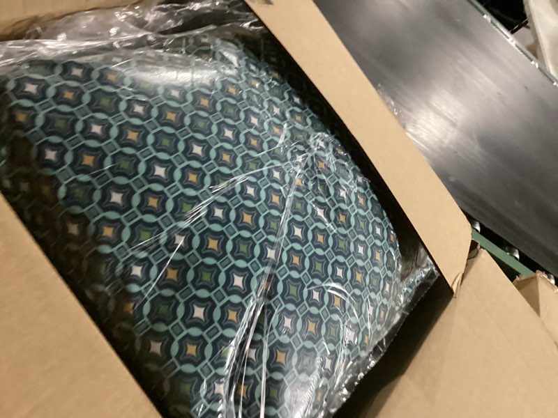 Condition photo showing As Is for arden outdoor dining chair cushion, 21 x 21, rain-proof, fade resistant 21 x 21, alana tile 21 x 21 dining cushion set alana tile