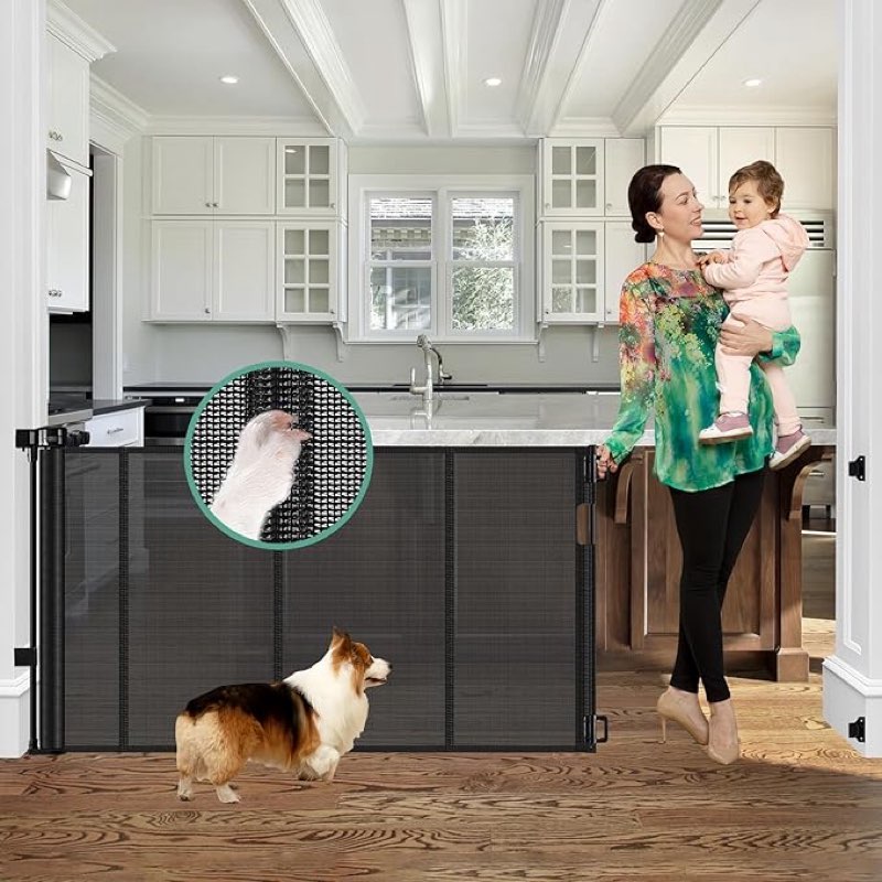 Reinforced 60" Wide Retractable Baby Gates with Upgraded Rods - Bottom Anti-Escape, 5 ft Mesh Baby Gate Retractable Dog Gate Indoor Pet Gate Retractable Stair Gate Outdoor Retractable Gate, Black