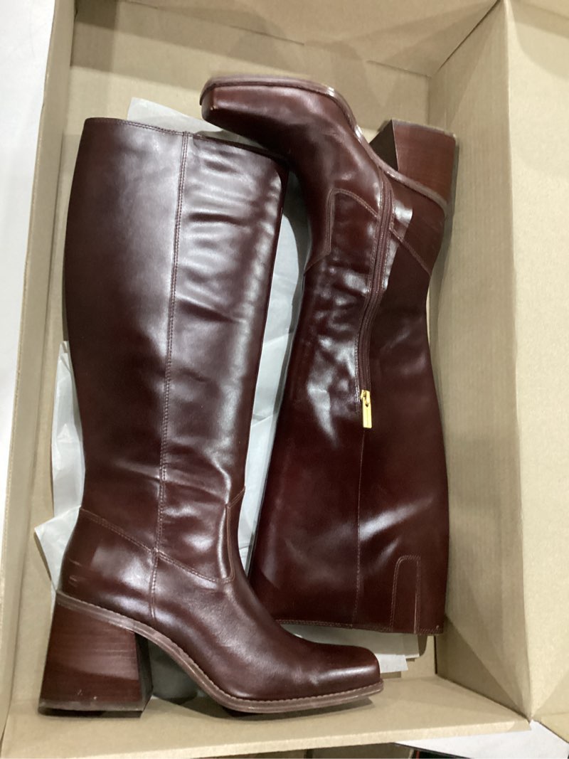 Condition photo showing As Is for Vince Camuto Women's Sangeti Stacked Heel Knee High Boot Fashion 8 Dark Mahogany