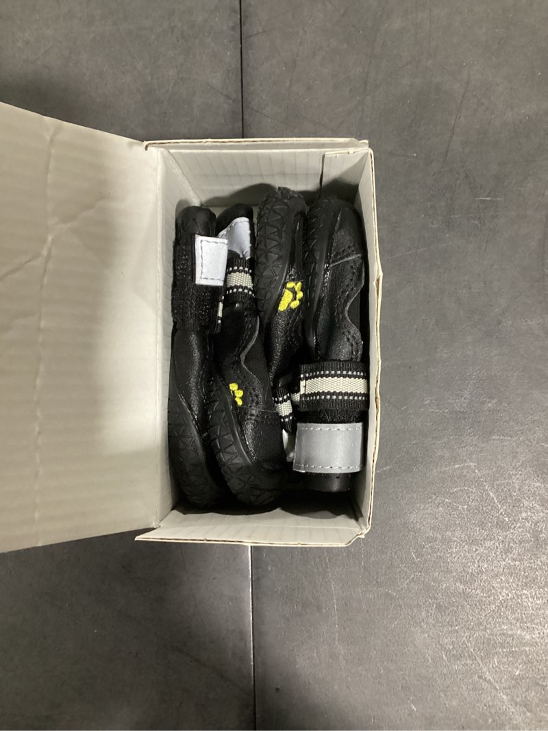 Condition photo showing Good Condition for qumy dog shoes for large dogs, medium dog boots & paw protectors for winter snowy day, summer hot pavement, water-resistant in rainy weather, outdoor walking, indoor hardfloors skid-resistant sole black size 1: 1.8''x2.3''(w*l) (pack of 4)