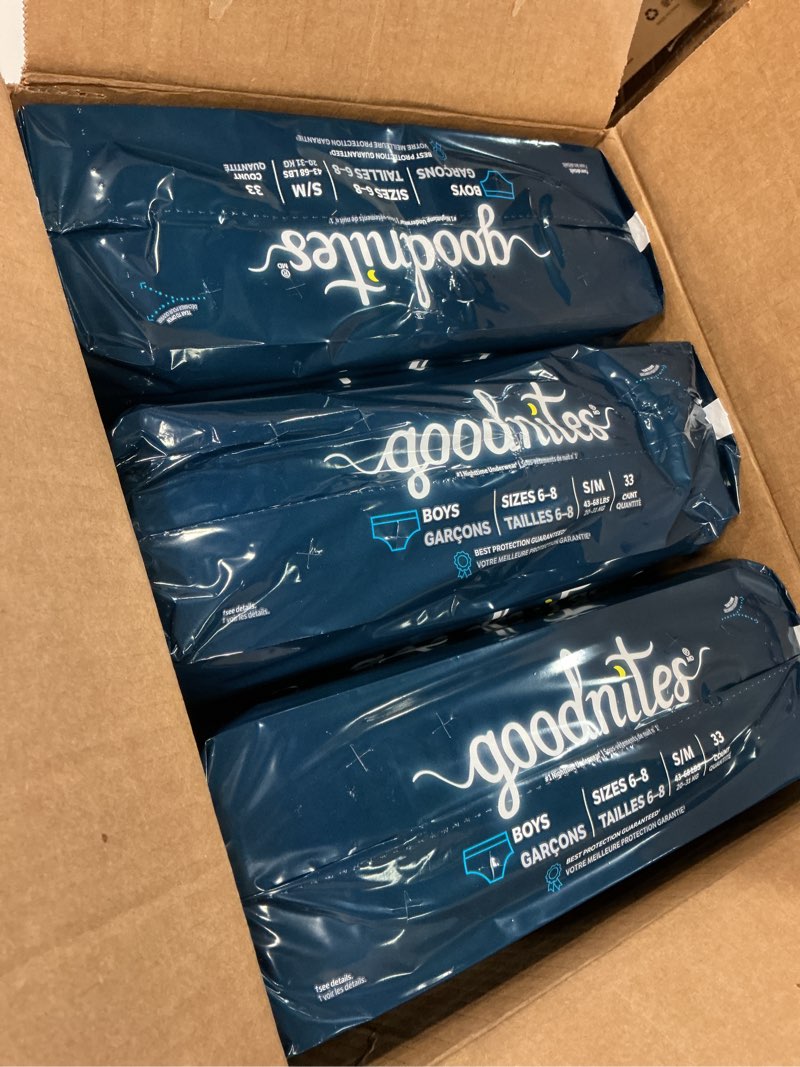 Condition photo showing New/Like New for goodnites boys' bedwetting underwear, size s/m (43-68 lbs), 99 ct (3 packs of 33), packaging may vary small/medium 99