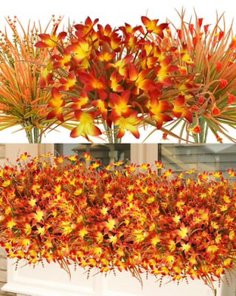 Uieke 72PCS Artificial Mums for Outdoors Fake Fall Outdoor Lavender Flowers Orange Calla Lilly 