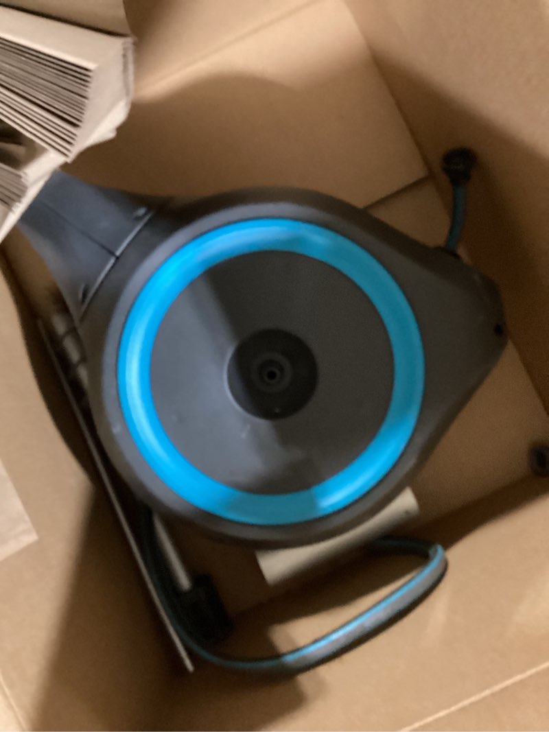 Condition photo showing As Is for gardena automatic retractable garden hose reel - 50 feet - 360 degree swivel outdoor hose reel with metal spike base - auto retract - uv resistant housing - easy install no tools required - 18604 50 ft