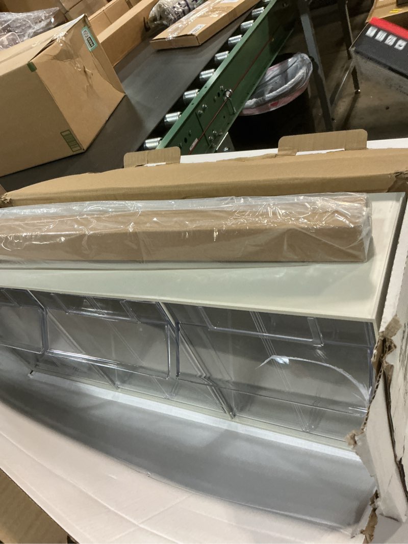 Condition photo showing Good Condition for Akro-Mils TiltView Plastic Storage Cabinet with 3 Tilt Out Bins, Horizontal Plastic Parts Organizer, Teacher Toolbox, and Office Supply Organizer, 23-5/8" W x 9-7/16" H x 7-7/8" D, Stone 3 Drawers Stone