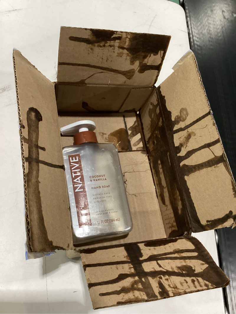 Condition photo showing Good Condition for as is native liquid hand soap, coconut & vanilla scent, non-drying formula for soft, smooth hands, made with plant-based cleansers, sulfate & paraben free, 13 oz bottle