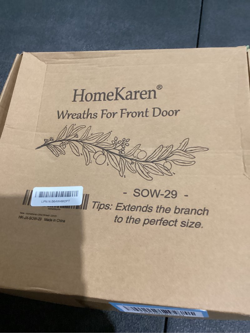 Condition photo showing New/Like New for Olive Wreath for Front Door 22 inch, Greenery All Season Wreath with Olive Leaf Fruit, Home Decoration for Outdoor Living Room Indoor Wall and Outside Summer All Season Wedding Olive-green