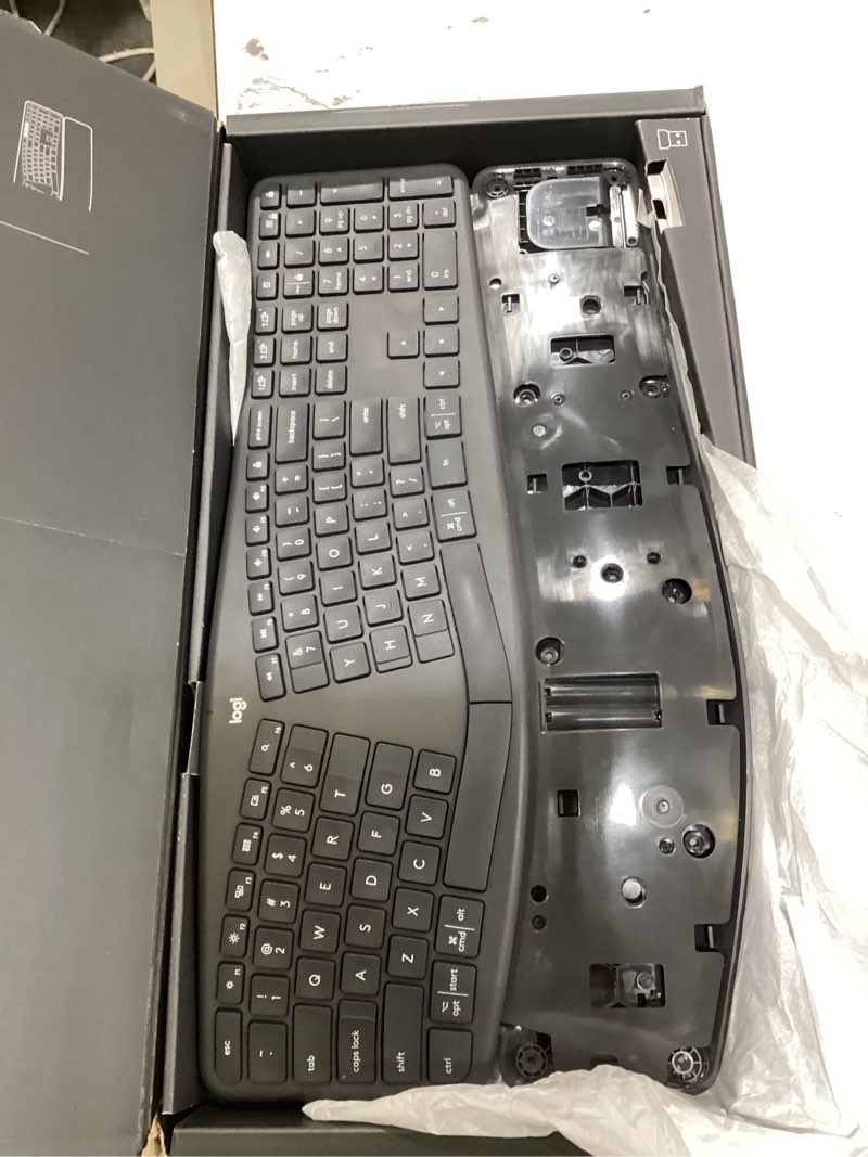 Condition photo showing As Is for logitech ergo k860 wireless ergonomic keyboard - split keyboard, wrist rest, natural typing, stain-resistant fabric, bluetooth and usb connectivity, compatible with windows/mac, black keyboard only