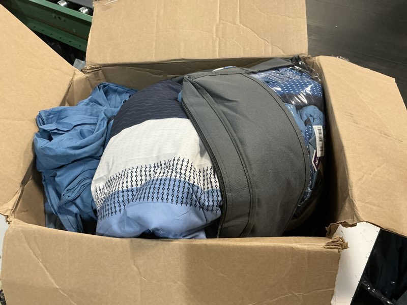 Condition photo showing As Is for rynghipy navy blue comforter set queen size: 8 pieces bedding set colorblock stripe lightweight soft all season comforter sets with sheets pillowcases (queen,navy) navy blue queen