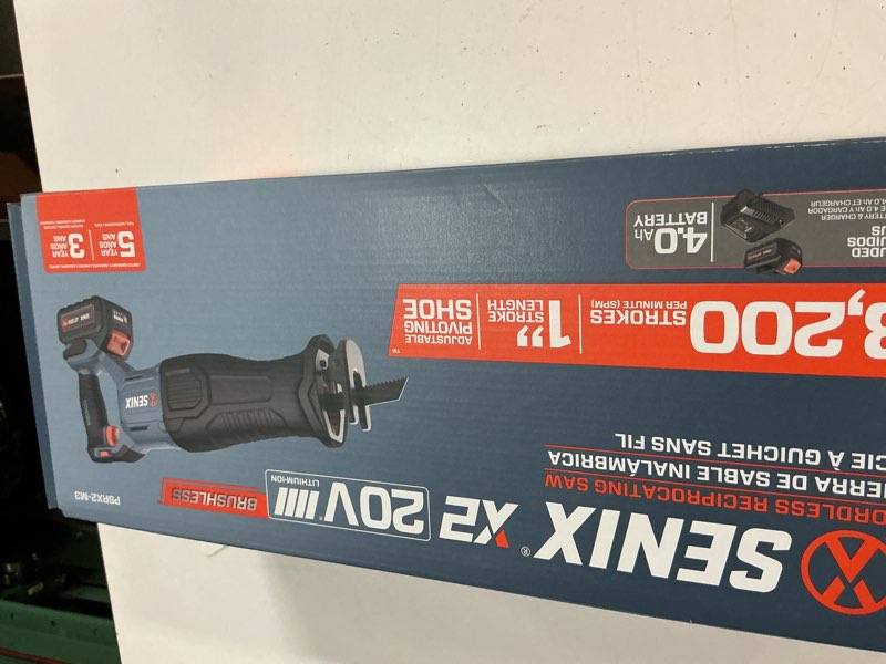 Condition photo showing New/Like New for senix 20 volt max* cordless reciprocating saw, 3200 spm, brushless motor, variable speed, & quick blade release, battery, & charger included (psrx2-m3)