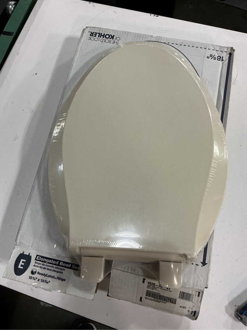 Condition photo showing New/Like New for kohler 4636-rl-47 cachet readylatch elongated toilet seat slow close, soft close toilet seat quiet lid, contoured grip-tight bumpers installation hardware, apartment essentials. almond almond elongated ready latch