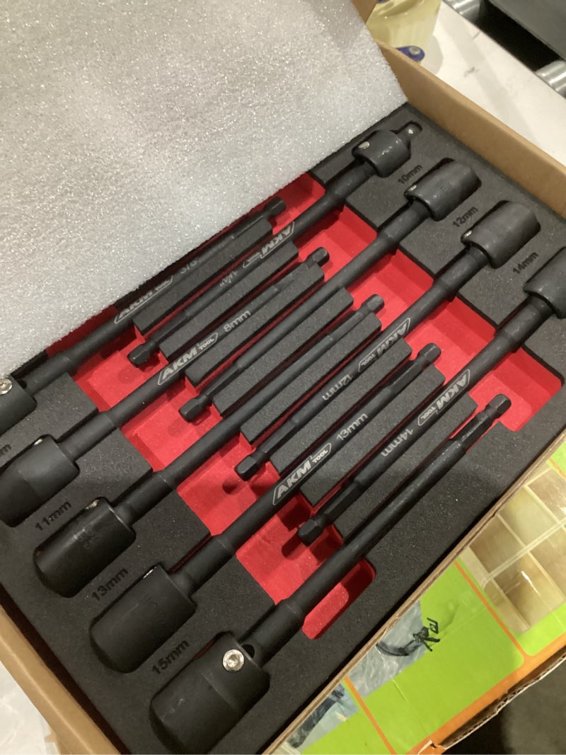 Condition photo showing As Is for 9-Piece Long Universal Nut driver set, 6 inch 360°Rotatable Hex Shank Impact Driver Socket Adapter Impact Socket Adapter 150mm 3/8 1/4 Cr-V Metric