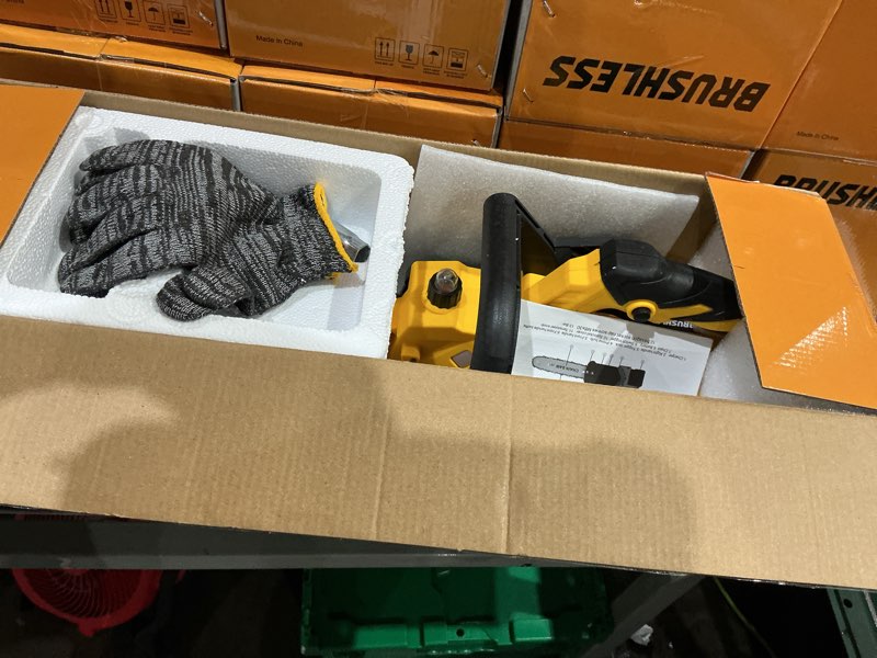 Condition photo showing New/Like New for 12-inch cordless electric brushless chainsaw compatible with dewalt 18-20v batteries, high-power 20v cordless chainsaw for wood cutting, tree trimming and yard garden maintenance(no battery included) yellow