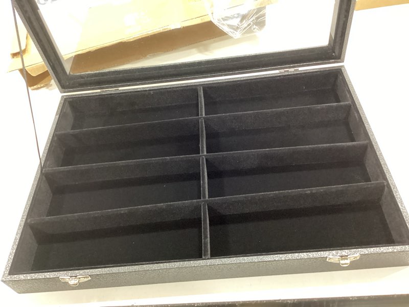 Condition photo showing Good Condition for jewelry sunglasses organizer tray, black velvet eyeglasses display tray box, glasses organize storage holder for home desk or selling show display (with lid) with lid black