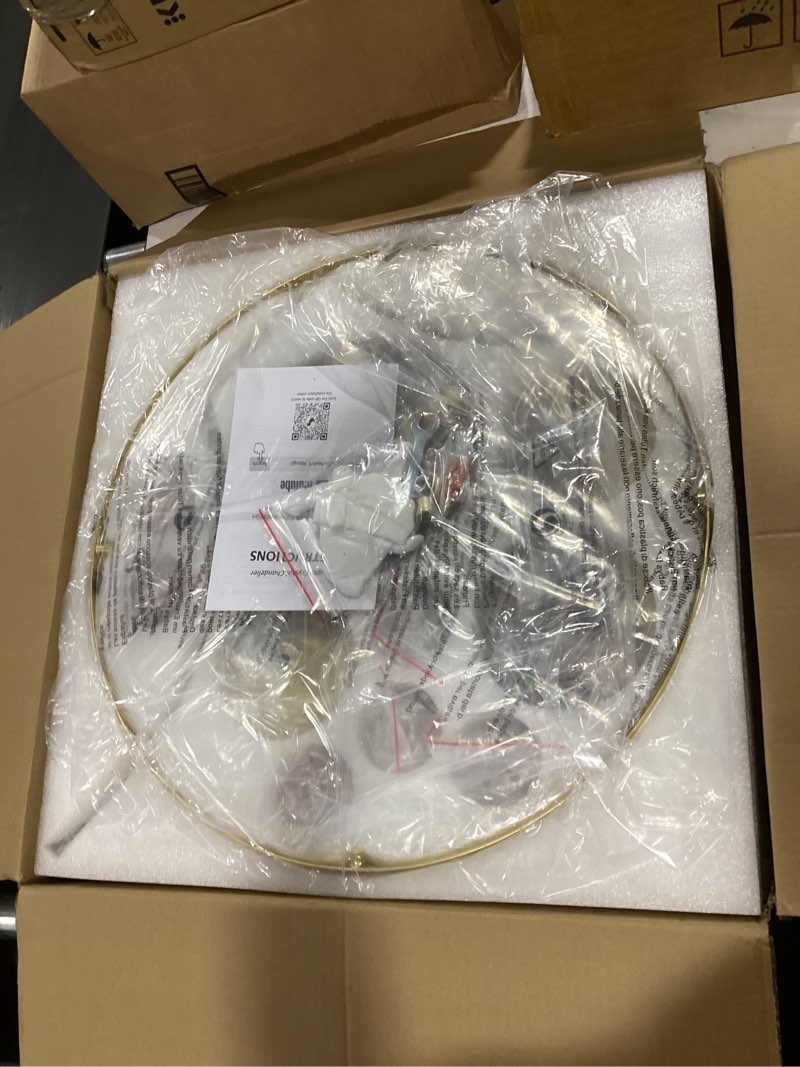 Condition photo showing Good Condition for cnratye 20" modern crystal chandelier, 5-light gold dinning room light fixtures over table, hanging round pendant chandelier for kitchen island entryway bedroom office bathroom stairwell 5-light chandelier gold