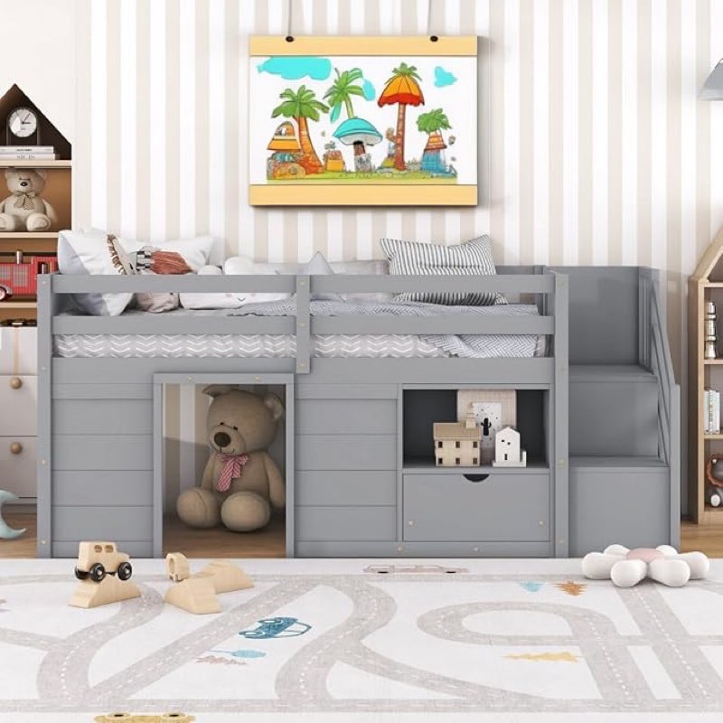 (Incomplete,boxe only 1of 2) Okak Twin Size Low Loft Bed with Playhouse Loft Bed Frame with Drawer, Shelf,Stairs and Safety Guardrail for Teens, Girls or Boys Loft, Strong Wood Slats Support,Gray