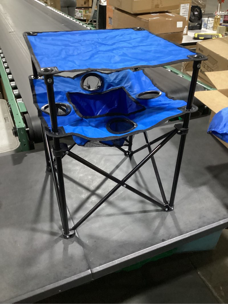 Condition photo showing Good Condition for folding camping table, portable outdoor picnic table, lightweight square camp table with built-in 4 cup holders food basket and travel bag for barbeque beach camping and tailgate blue
