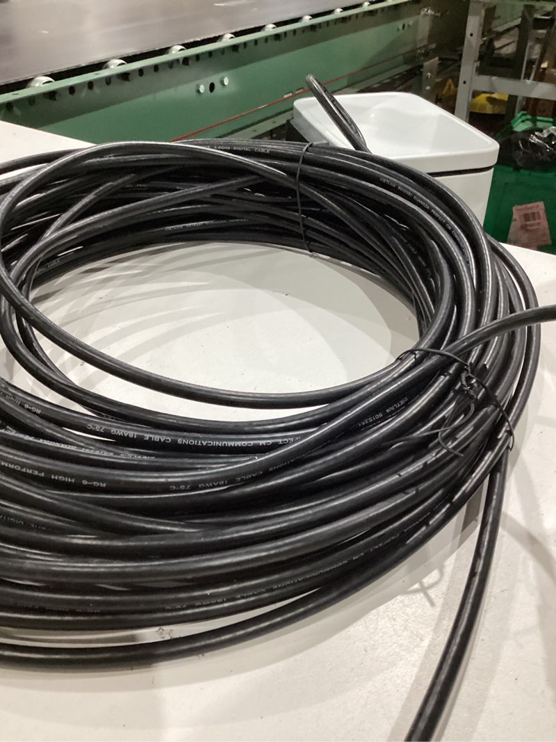 Condition photo showing As Is for monoprice rg6 quad shield cl2 coaxial cable with f type connector, 6ft, black