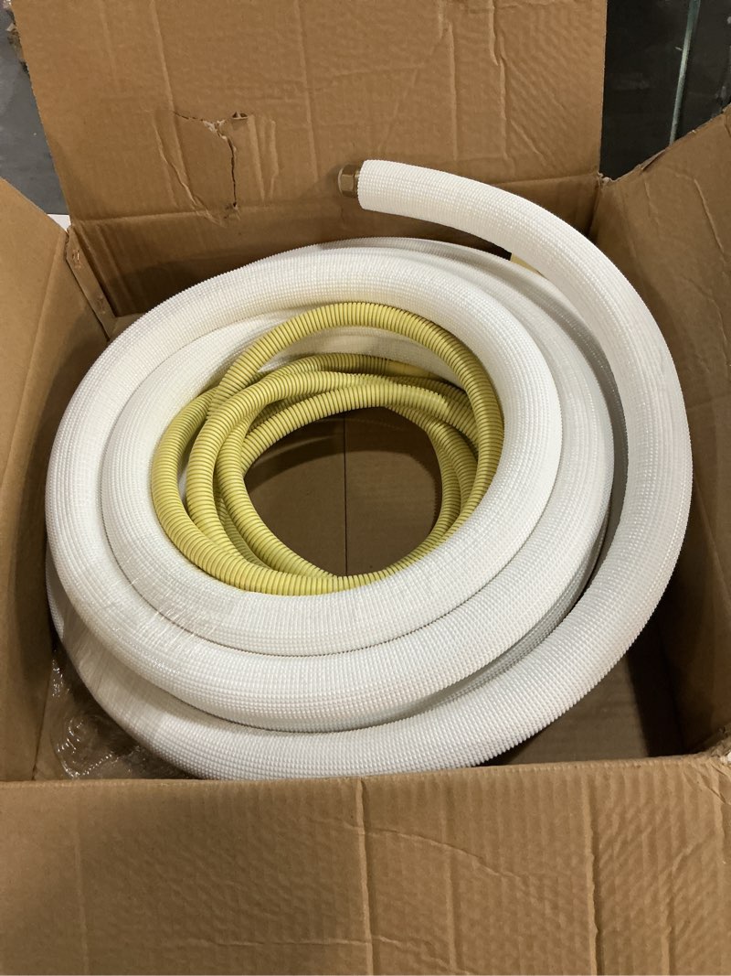 Condition photo showing Good Condition for (( missing pieces))50ft Length Mini Split Line Set 1/4\" 3/8\" OD Copper Pipes Tubing and 3/8 White PE Thickened Insulated with Flared Nuts for Mini Split Air Conditioner HVAC or Heat Pump for 9000BTU (1/4+3/8 with wires) 50Ft(1/4+3/8)with wires