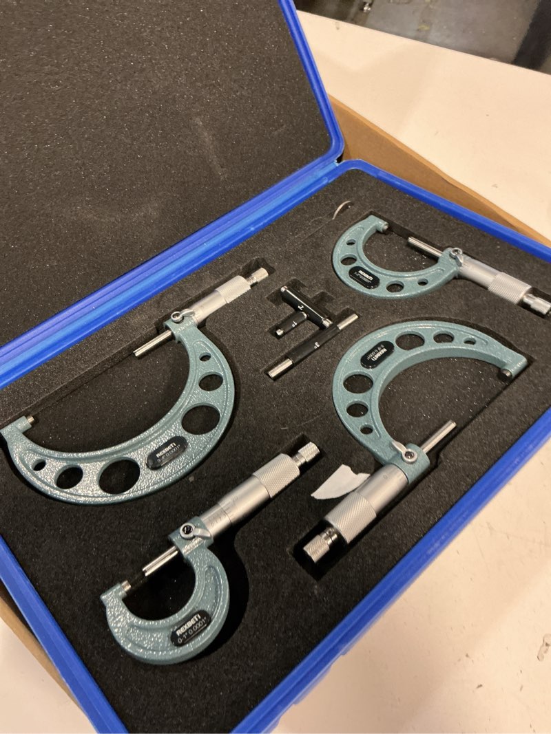 Condition photo showing Good Condition for REXBETI 4Pcs Outside Micrometer Set, 0-4" Machinist Micrometer, Ultra-Precision Carbide Tipped Measuring Tool Set, 0.001" Graduation, +/-0.0001" Accuracy, Protective Case 4pcs 0-4" Outside Micrometer Set
