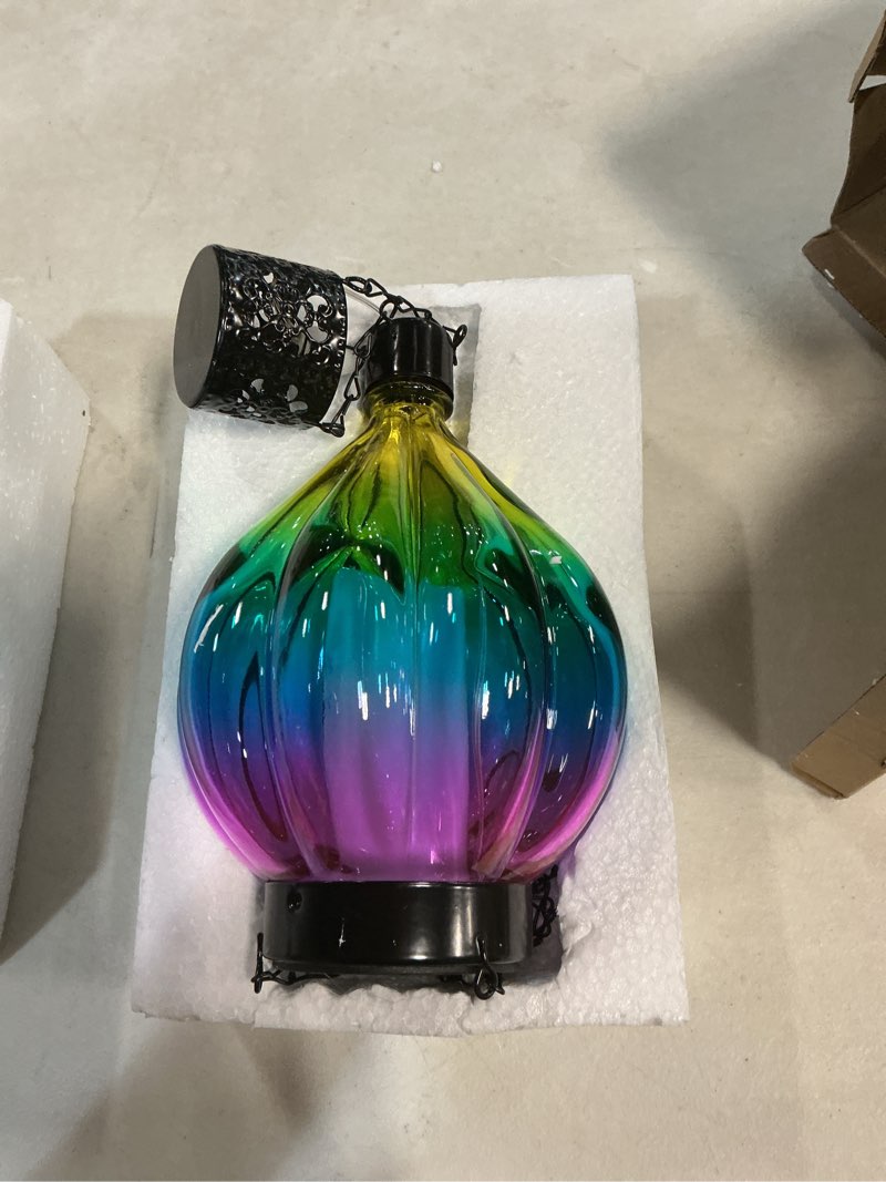 Condition photo showing Good Condition for hot air balloon hanging solar lantern outdoor waterproof with flickering flame gifts for women grandma mom glass hanging solar lights decorative for outside wall front porch yard garden fence pink & blue