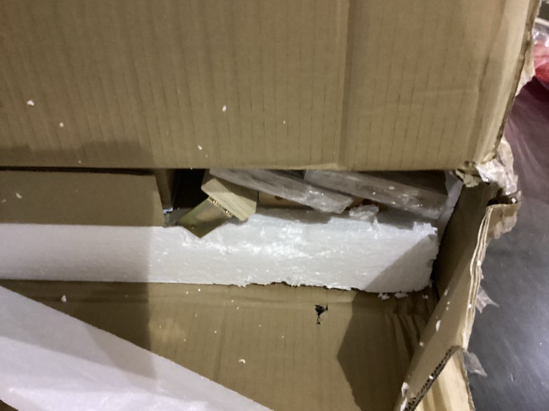 Condition photo showing As Is for wood bed frame with upholstered headboard wooden platform with silent slat support mattress foundation no box spring needed, easy assembly oat queen style a