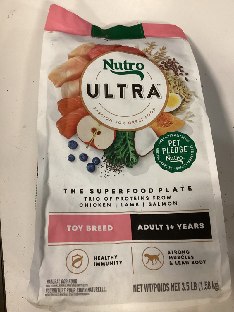 Condition photo showing New/Like New for (Best by:APR/07/2026) Nutro Ultra Adult Toy Breed Dry Dog Food, Chicken, Lamb and Salmon Protein Trio, 3.5 lb Bag