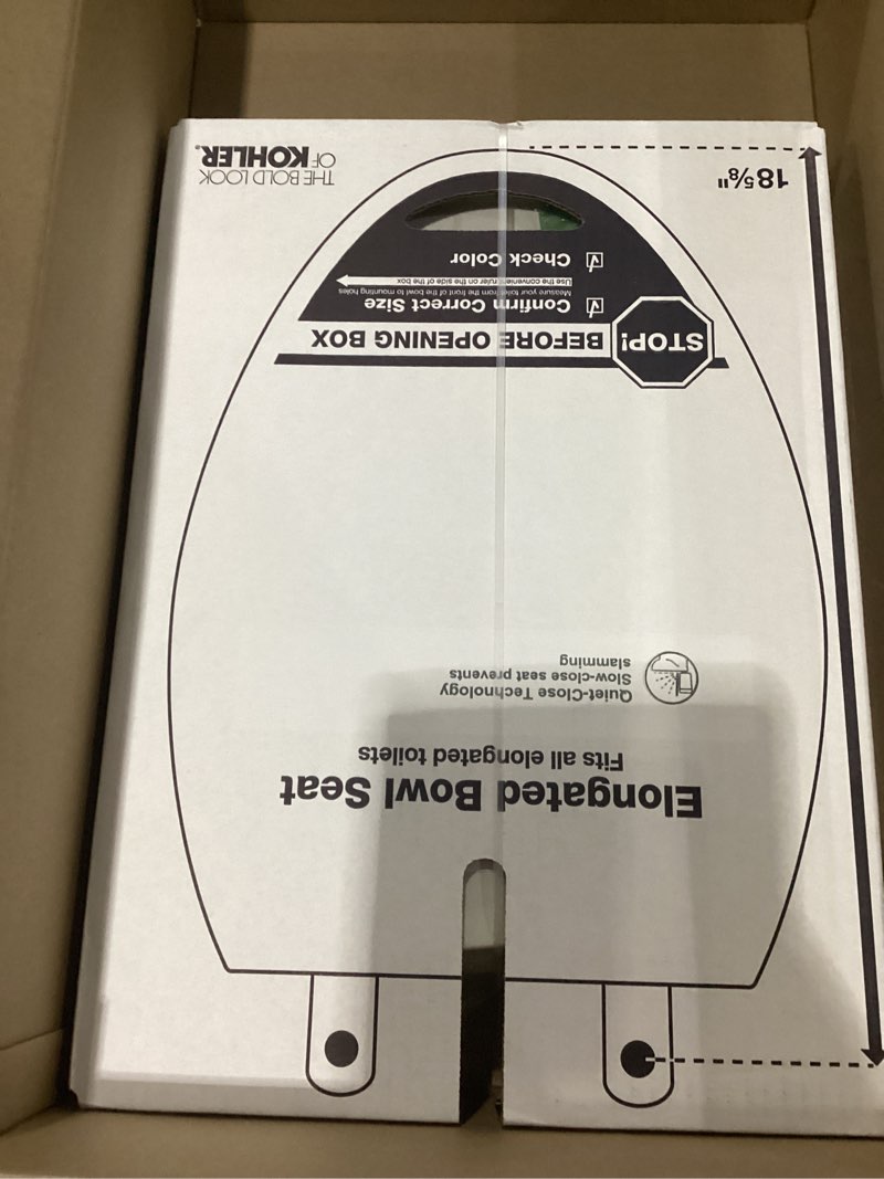 Condition photo showing New/Like New for kohler 4636-rl-ny cachet readylatch elongated toilet seat slow close, soft close toilet seat quiet lid, contoured grip-tight bumpers installation hardware, apartment essentials, dune dune elongated ready latch