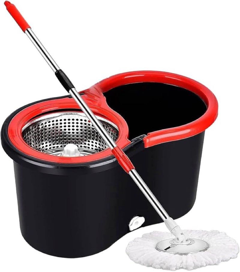 Easy Spin Mop And Bucket Set | 360 Degree Spinning Home Cleaner| Extended Press Stainless Steel Handle Wring Dryer Basket For Kitchen Floor Cleaning Black