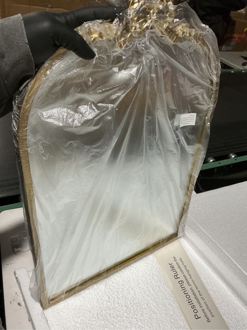 Condition photo showing Good Condition for Vintage Arched Bow Gold Mirror: 27"x19" Large Antique Wall Mirrors with Metal Frame for Bathroom Vanity - Baroque Ornate Bow Decor for Living Room, Fireplace, Entryway, Hallway 27"L x 19"W