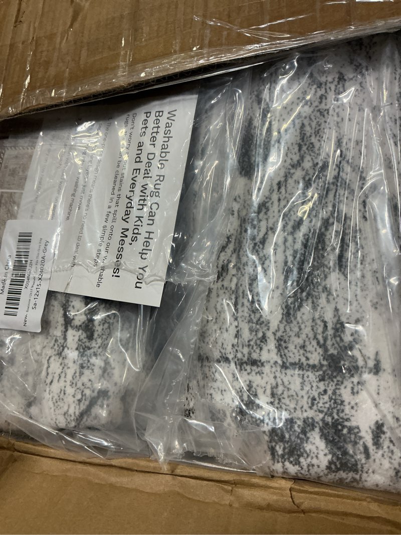Condition photo showing New/Like New for 12x15 washable area rug gray neutral abstract living room large carpet non slip bedroom indoor office dining room low pile thin grey rug grey 12' x 15' (rectangular)