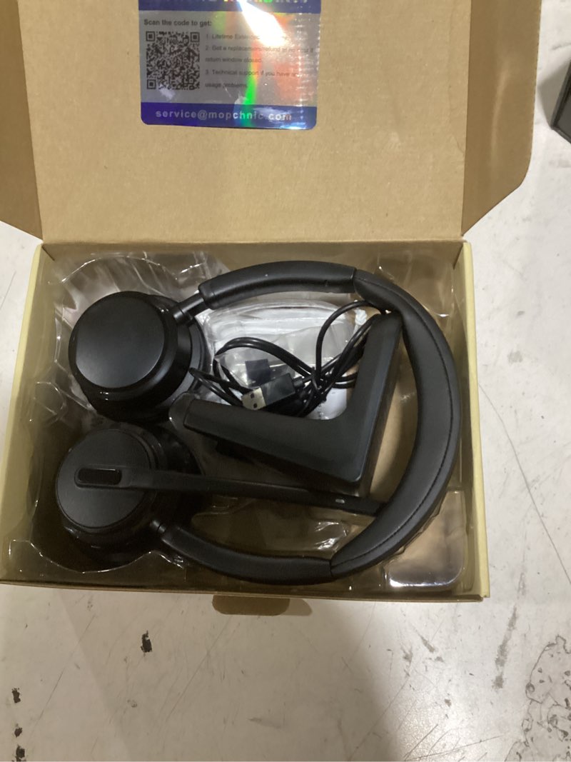 Condition photo showing Good Condition for mopchnic wireless headset with noise cancelling microphone, on-ear bluetooth headset with usb dongle, mute function & charging base, wireless headphones for work from home and call center (black)