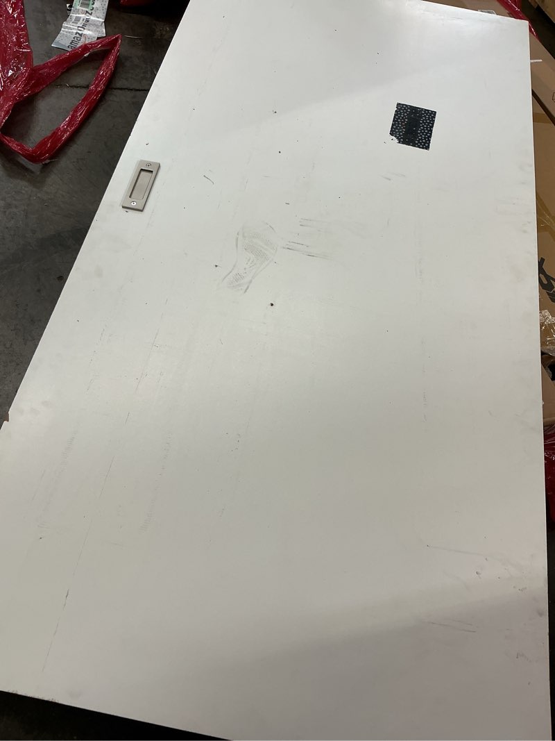 Condition photo showing As Is for jubest 42"x84" flush solid core white primed concealed sliding hidden barn door with soft close installation hardware and double sided pulls included