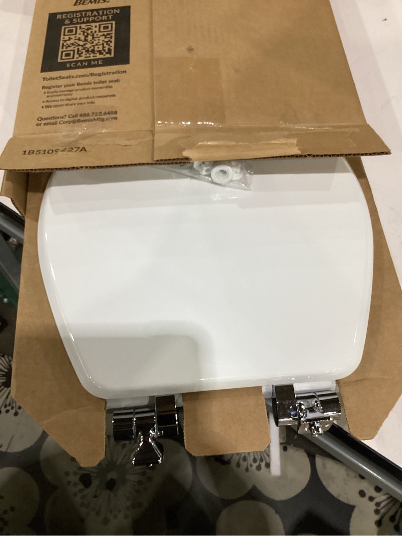 Condition photo showing As Is for mayfair bennett toilet seat with chrome hinges, slow close wood seat, secure metal hinges, easy install, made in usa, round, white round chrome