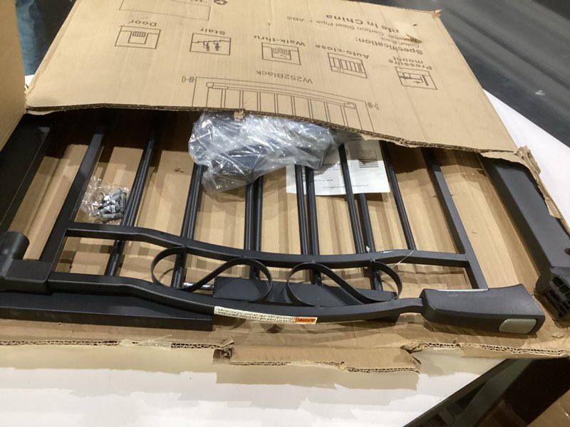 Condition photo showing As Is for fairy baby 29.53"-32.28" wide baby gate with door, walk through baby gates for stairs pressure mounted no drill, indoor tension metal pet dog gate, auto close child safety gate, black 29.5"-32.2"