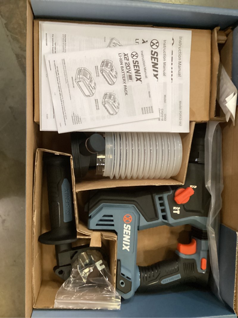 Condition photo showing New/Like New for senix 20 volt max* sds-plus cordless 5/8" rotary hammer drill with brushless motor, auxiliary handle, dual function, & vibration control, battery, charger, & storage bag included (pdrx2-m2)