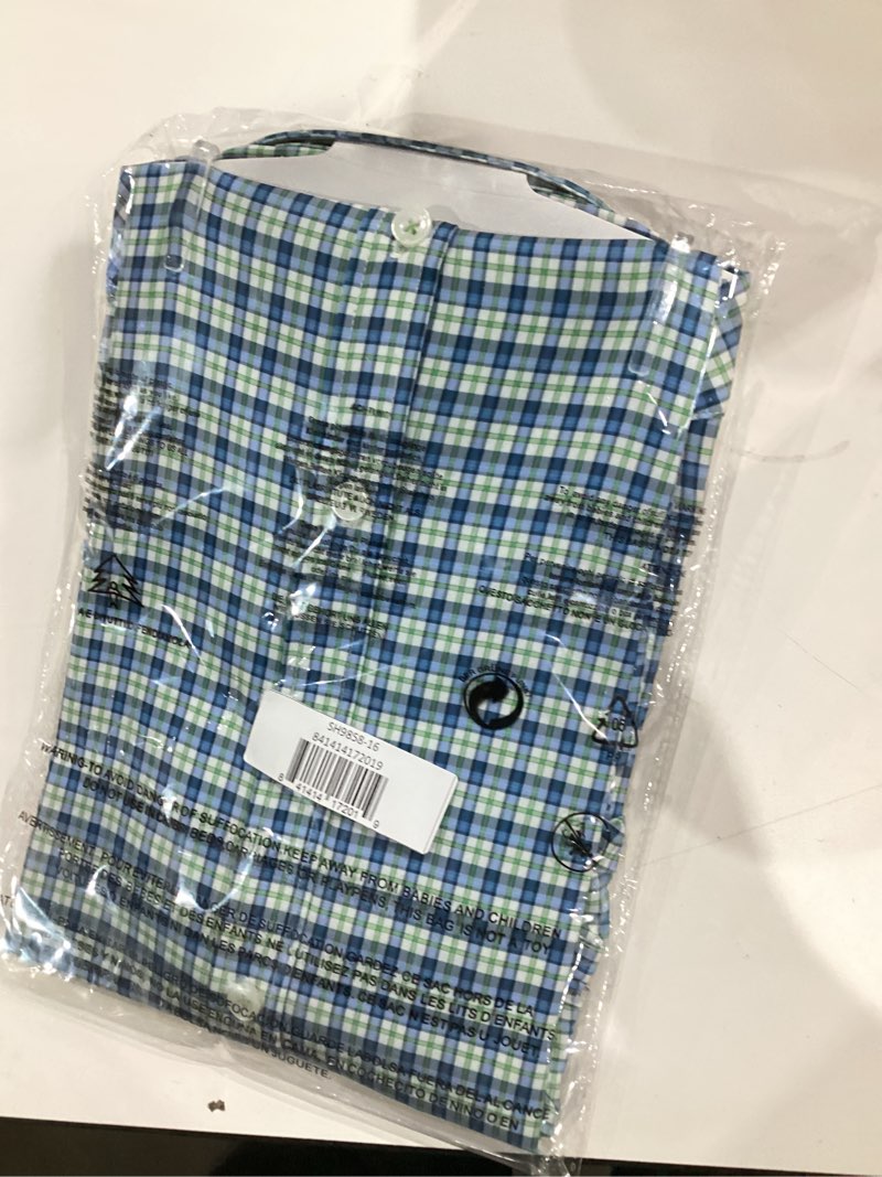 Condition photo showing New/Like New for CloudCloth Boy's 4-Way Stretch Button Down Shirt-Gingham Design, Green/Blue size 16