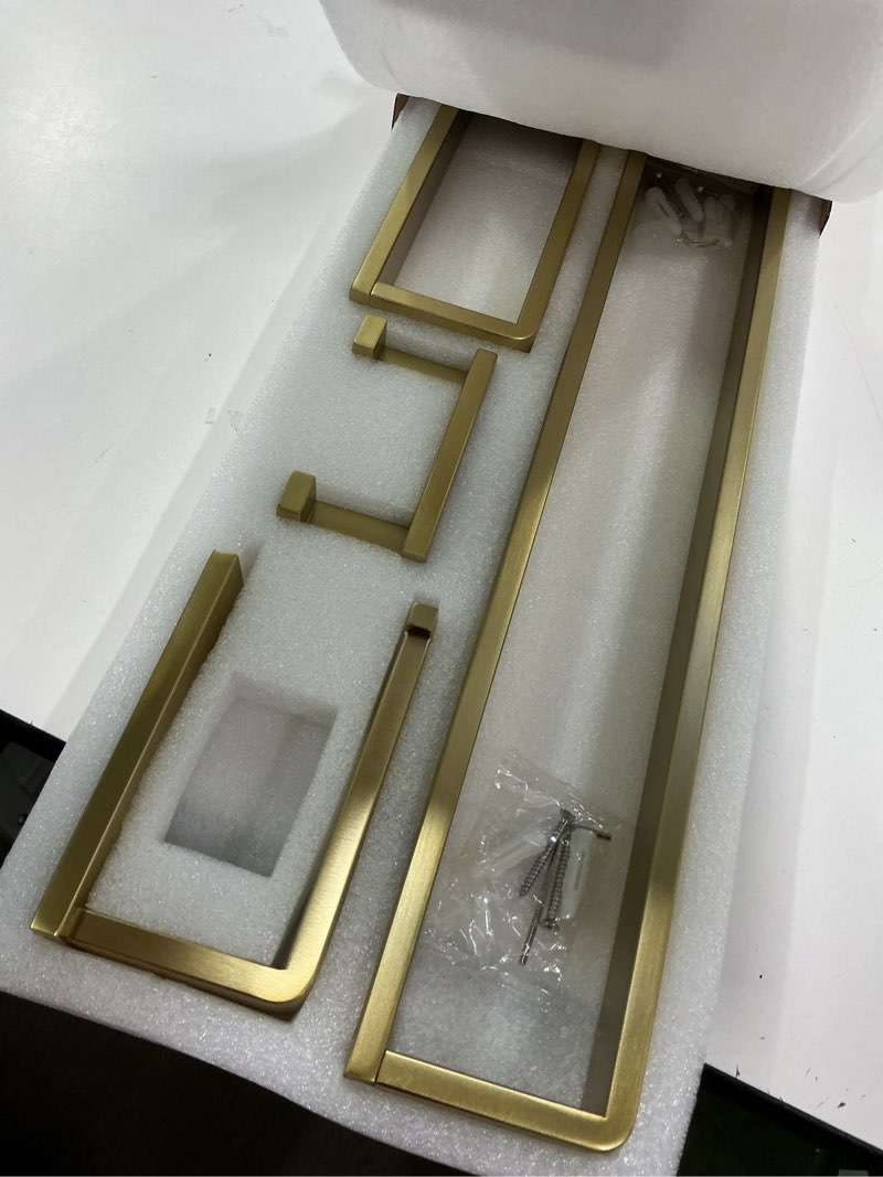 Condition photo showing Good Condition for Bathroom Hardware Accessories Set Brushed Gold Towel Bar Set Square Bathroom Accessories Kit 4-Piece Towel Holder Set Stainless Steel Wall Mounted,23.6 Inch Towel Bar