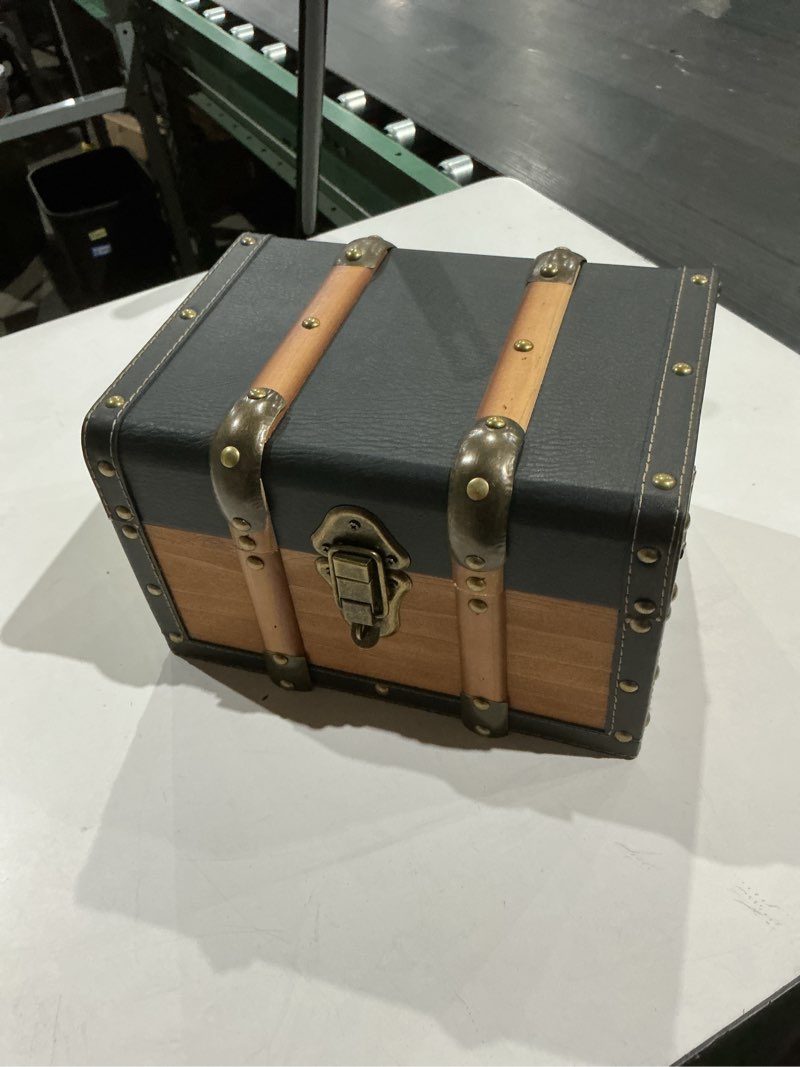 Condition photo showing As Is for vintage wooden and leather treasure chest - decorative props and gift storage box (15.74*9.05*9.05inch)